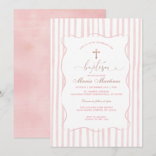 Invitation Rayures Rose Pâle Baptême pour Fille (Devant / Derrière)