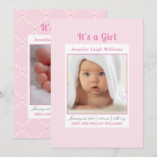 Invitation Rayures roses C'est une fille Annonce de naissance (Devant / Derrière)