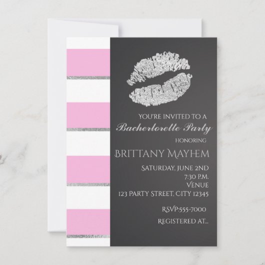 Invitation Rayures roses et blanches Faux baiser de lèvres en (Devant)
