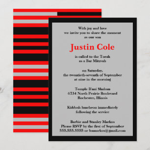 Invitation Rayures rouges et argentées pour Bar Mitzvah sur f