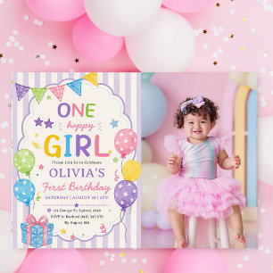 Invitation Rayures Une Fille Heureuse Anniversaire Coloré