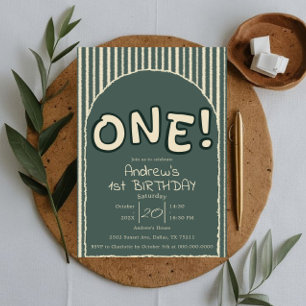 Invitation Rayures Vert Foncé 1er Anniversaire