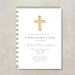 Invitation Rayures Vert Sauge Confirmation Religieuse Garçon