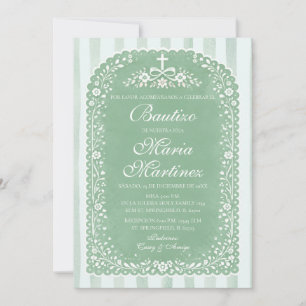 Invitation Rayures Vert Sauge Fille Espagnole Bautizo Talaver