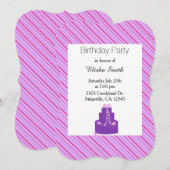Invitation rayures violettes et gâteau d'anniversa (Devant / Derrière)