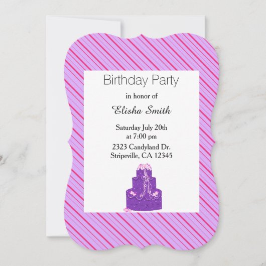 Invitation rayures violettes et gâteau d'anniversa (Devant)