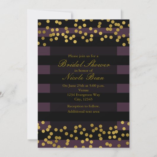 Invitation Rayures violettes et noires points en feuille doré (Devant)