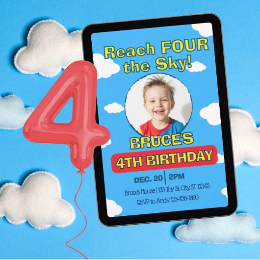 Invitation Reach FOUR the Sky, Picture Clouds 4th Birthday