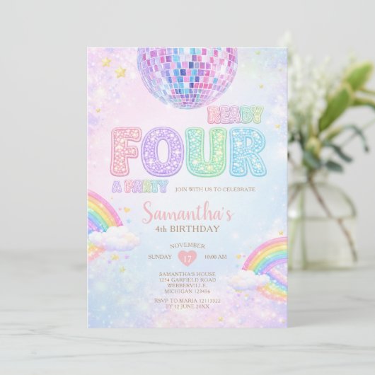 Invitation Ready FOUR a party Disco Rainbow Birthday (Debout devant)