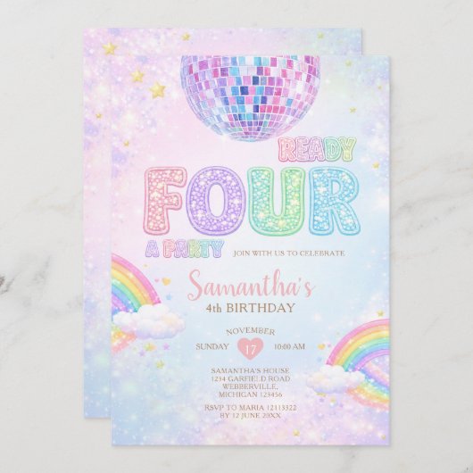 Invitation Ready FOUR a party Disco Rainbow Birthday (Devant / Derrière)