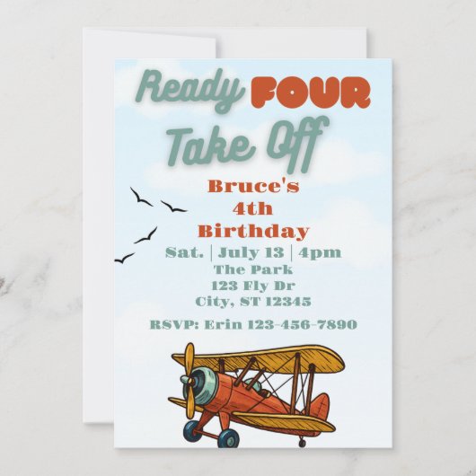 Invitation Ready FOUR Take Off, airplane 4th Birthday (Devant)