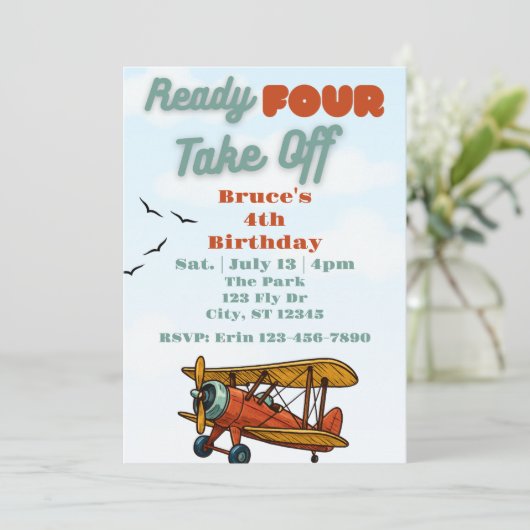 Invitation Ready FOUR Take Off, airplane 4th Birthday (Debout devant)