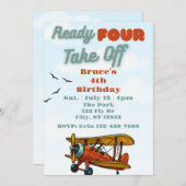 Invitation Ready FOUR Take Off, airplane 4th Birthday (Devant / Derrière)