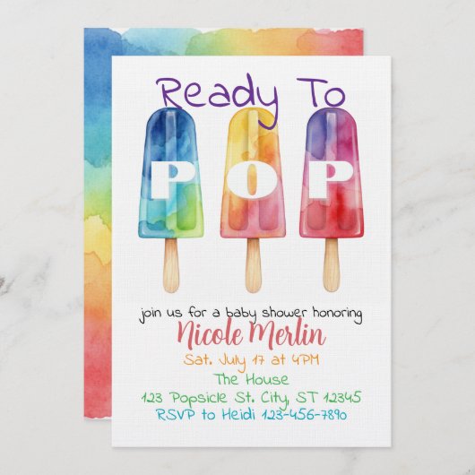 Invitation Ready To Pop, Rainbow Popsicle Baby Shower (Devant / Derrière)