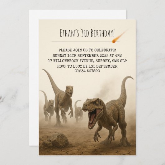Invitation Realistic Velociraptor Pack with Meteor Birthday (Devant / Derrière)