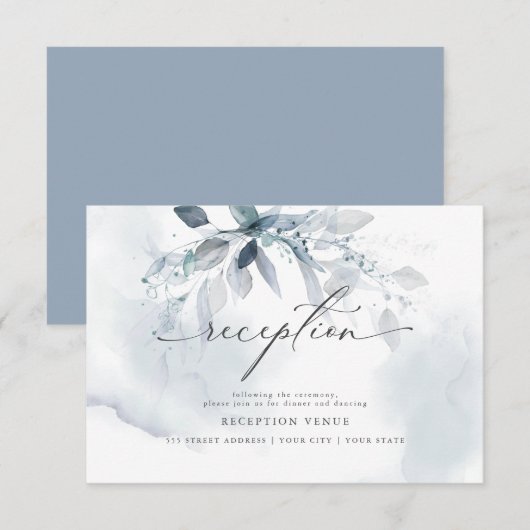 Invitation Réception aquarelle du feuillage bleu rustique (Devant / Derrière)