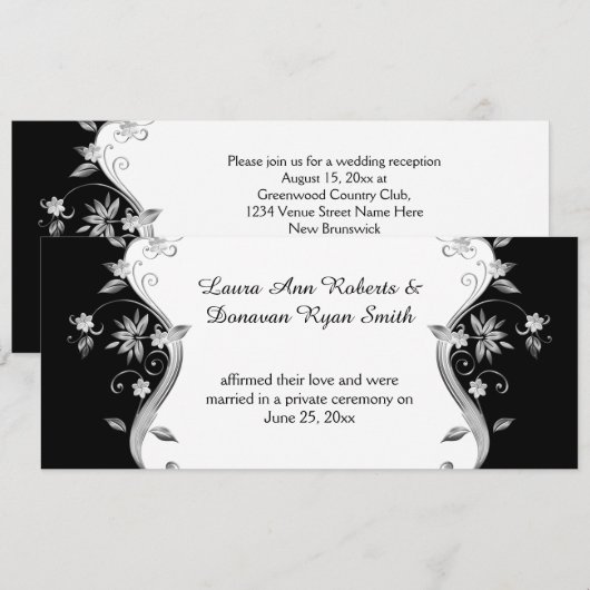 Invitation Réception aux fleurs d'argent ornées noires (Devant / Derrière)