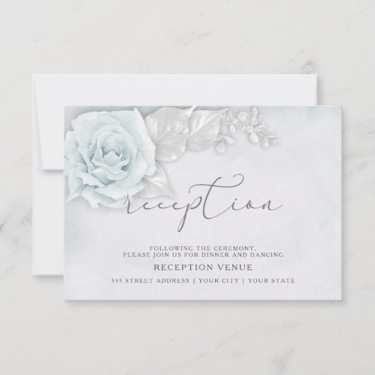 Invitation Réception aux roses blanches et bleues scintillant (Devant)