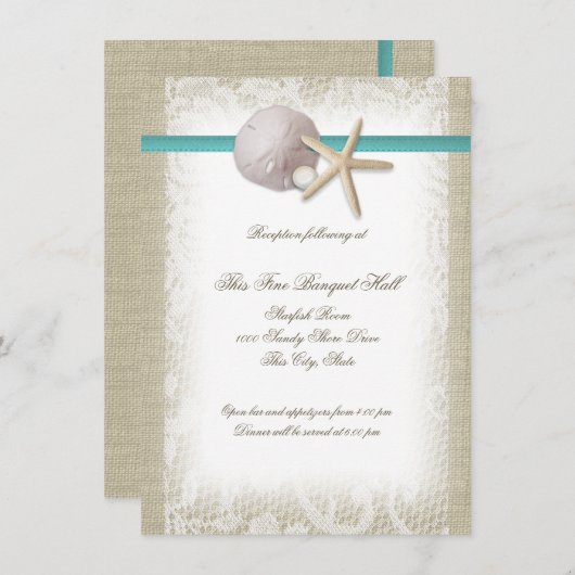 Invitation Réception Beach Pearl et Lace Aqua (Devant / Derrière)