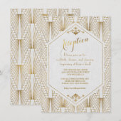 Invitation Réception Blanche et Or Art Déco Gatsby (Devant / Derrière)