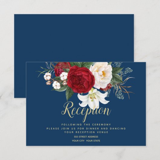 Invitation Réception | Bleu de marine avec des pivoines rouge (Devant / Derrière)
