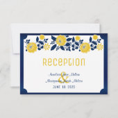 Invitation Réception - bleu marine et mariage floral jaune (Devant)