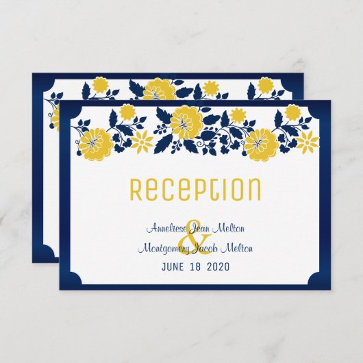 Invitation Réception - bleu marine et mariage floral jaune (Devant / Derrière)