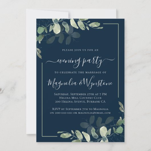 Invitation Réception Chic Eucalyptus Navy Blue Wedding (Devant)