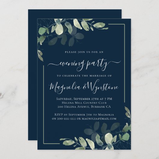 Invitation Réception Chic Eucalyptus Navy Blue Wedding (Devant / Derrière)