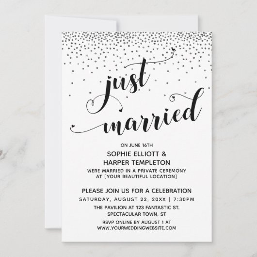 Invitation Réception Confetti En Argent De Script Marié Uniqu (Devant)