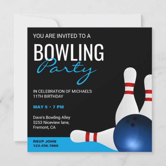 Invitation Réception d'anniversaire d'une partie de bowling s (Devant)
