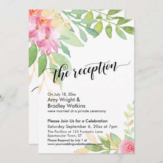 Invitation Réception de calligraphie et fleurs à l'aquarelle (Devant / Derrière)