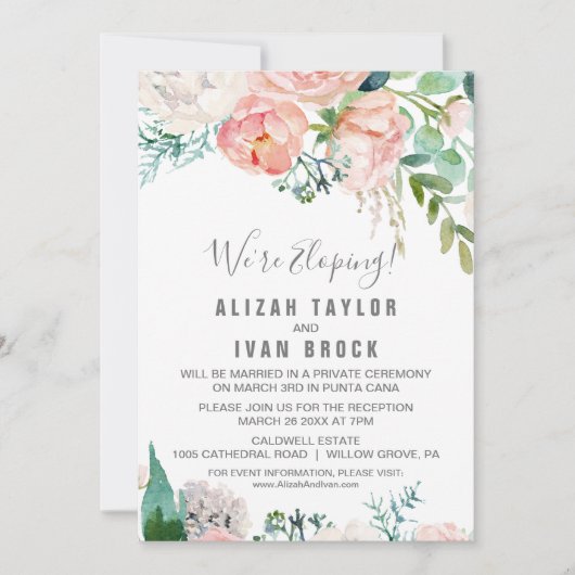 Invitation Réception de fuite amoureuse avec fleurs de pivoin (Devant)