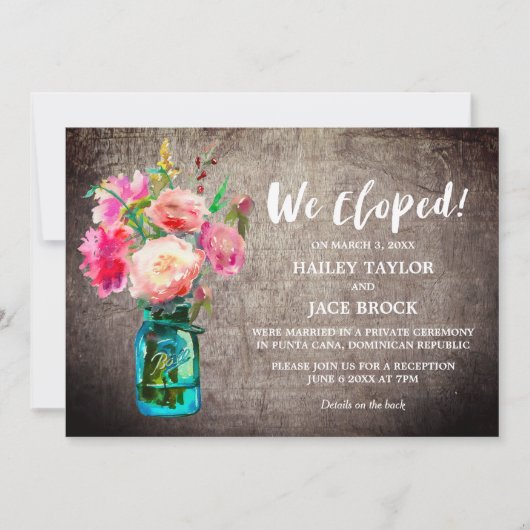 Invitation Réception de fuite avec pot Mason rustique et fleu (Devant)