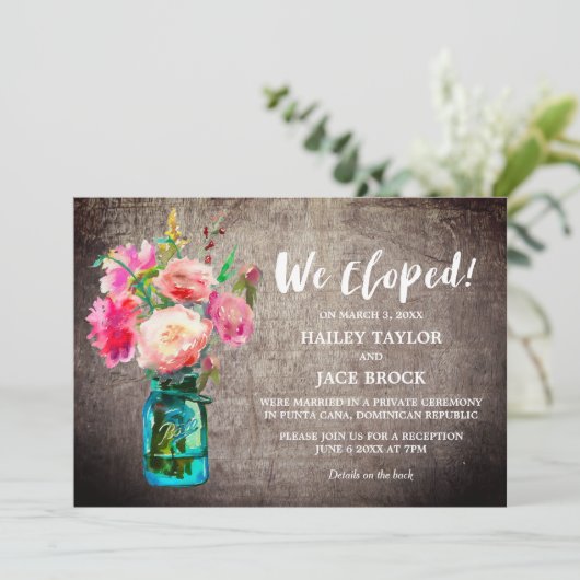 Invitation Réception de fuite avec pot Mason rustique et fleu (Debout devant)