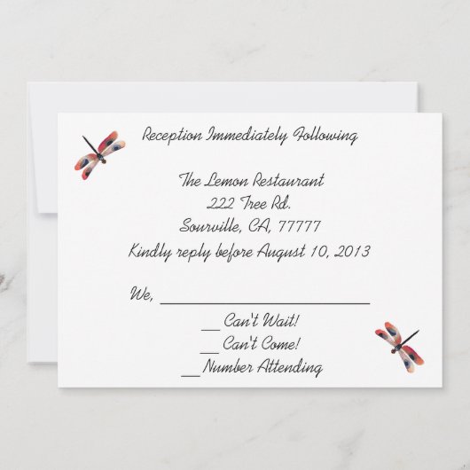 Invitation Réception de la libellule fleurie RSVP (Dos)