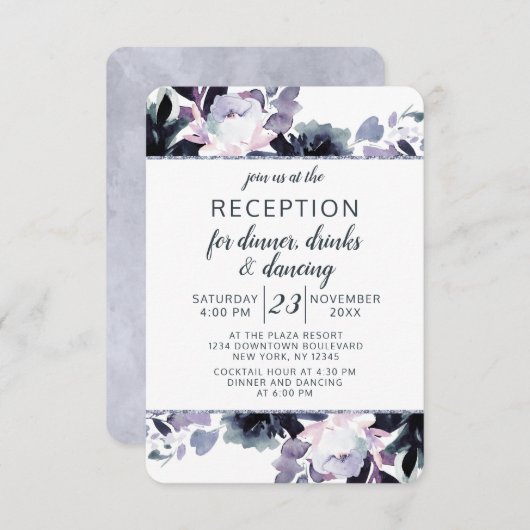 Invitation Réception de mariage à cadre argenté floral noctur (Devant / Derrière)