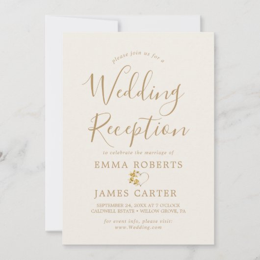 Invitation Réception de mariage à calligraphie dorée délicate (Devant)