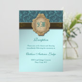 Invitation Réception de mariage à dentelle dorée marron bleu (Debout devant)