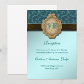 Invitation Réception de mariage à dentelle dorée marron bleu (Devant / Derrière)