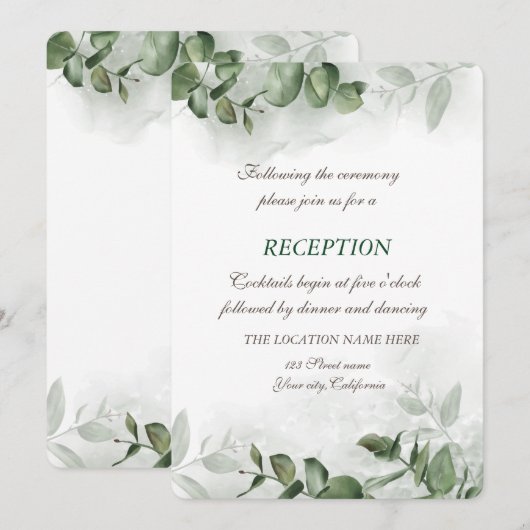 Invitation Réception de mariage à l'aquarelle Eucalyptus Verd (Devant / Derrière)