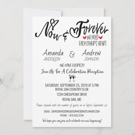 Invitation Réception de mariage après fuite amoureuse et soir (Devant)