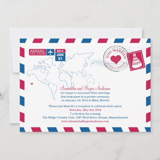 Invitation Réception de mariage après Hawaii par courrier aér (Devant)