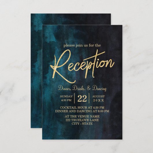 Invitation Réception de mariage aquarelle bleu marine et or (Devant / Derrière)