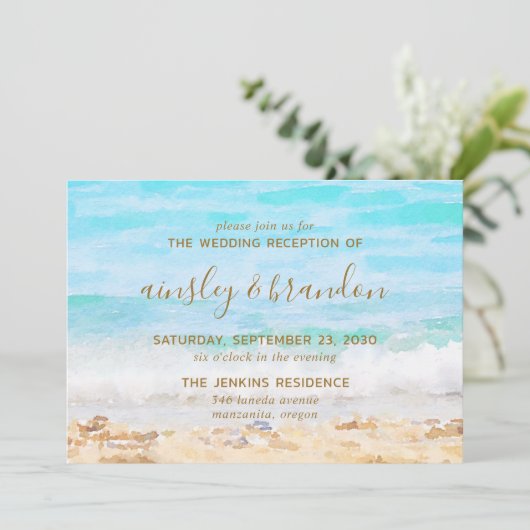 Invitation Réception de mariage aquarelle de plage (Debout devant)