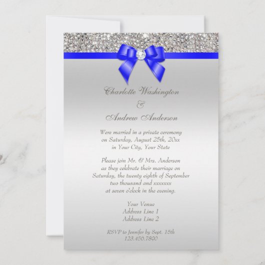 Invitation Réception de mariage argentée de bleu royal de (Dos)