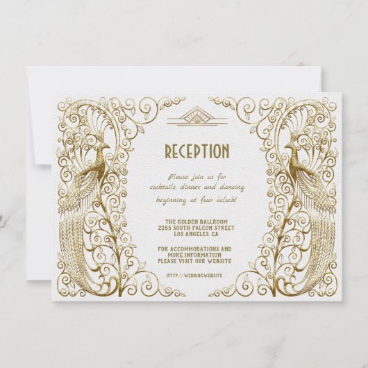 Invitation Réception de mariage Art Déco Glam Blanc Paon Or (Devant)