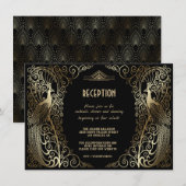 Invitation Réception de mariage Art Déco Glamour Paons Dorés (Devant / Derrière)
