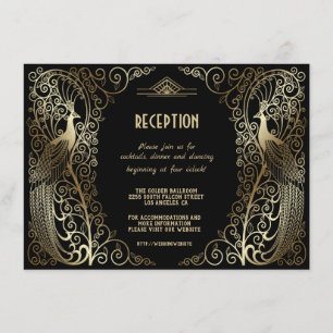 Invitation Réception de mariage Art Déco Glamour Paons Dorés