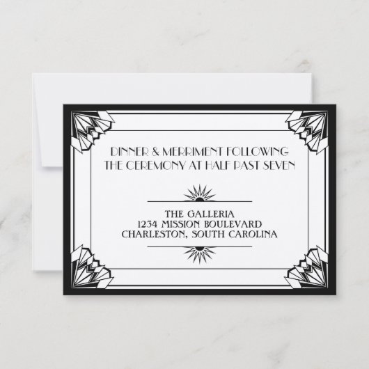 Invitation Réception de mariage art déco noir de l'âge du jaz (Devant)
